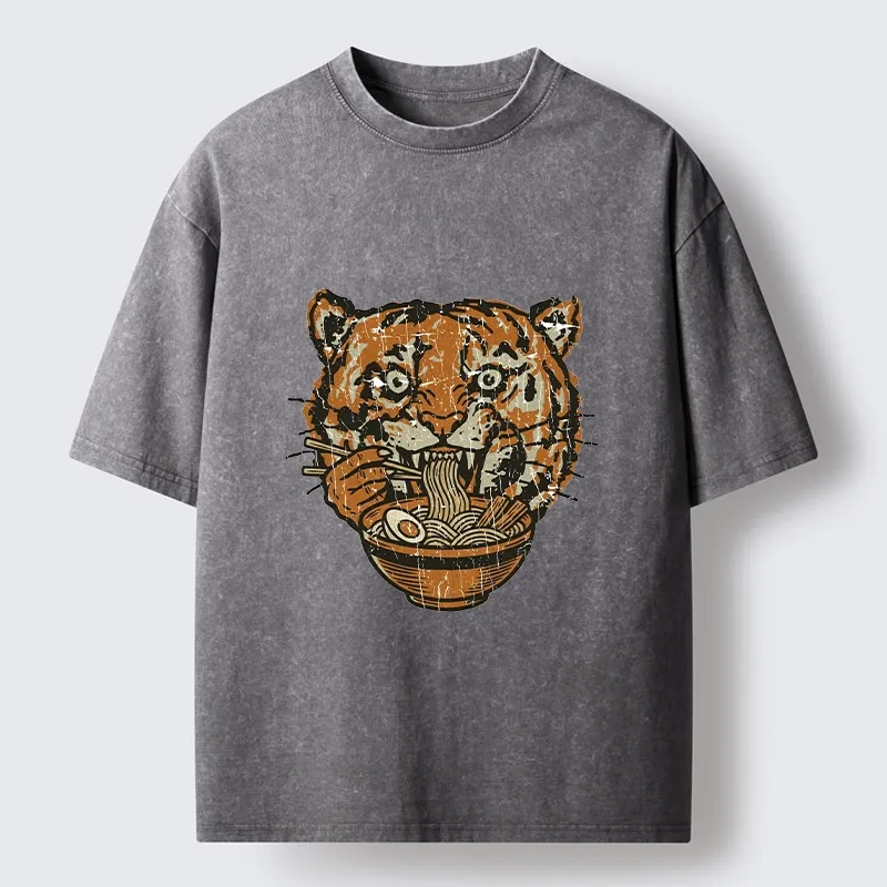 Tokyo-Tiger Vintage Tiger Ramen Funny Meme Washed T-Shirt