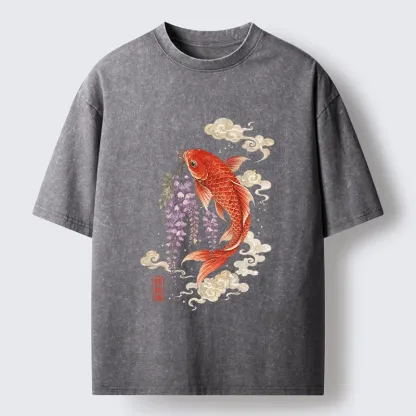 Tokyo-Tiger Soft Cloud Koi Floral Graphic Print Washed T-Shirt