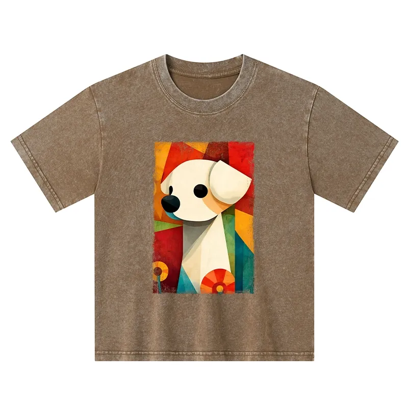 Tokyo-Tiger Retro Abstract Color Block Puppy Art Kids Washed T-Shirt