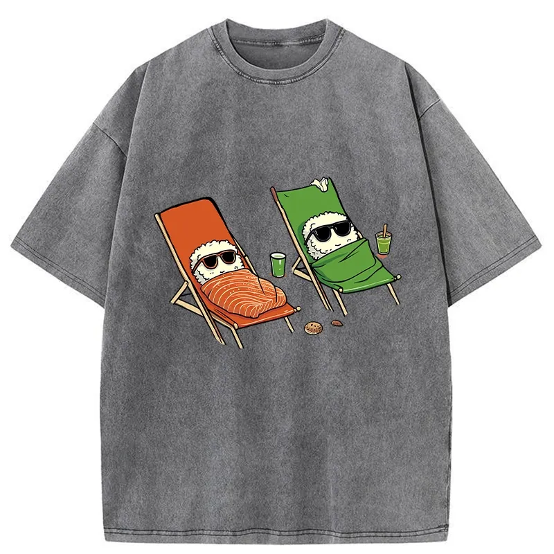 Tokyo-Tiger Funny Sushi Sunbathing Washed T-Shirt