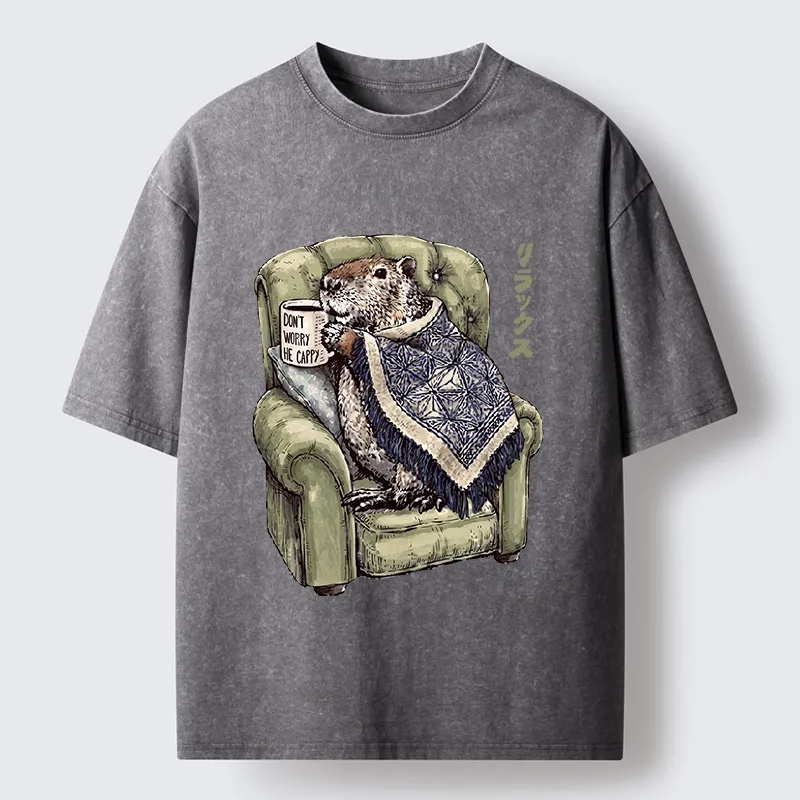 Tokyo-Tiger Relax Capybara Cozy Sofa Warm Blanket Washed T-Shirt