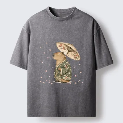 Tokyo-Tiger Relaxed Capybara Spring Sakura Kimono Art Washed T-Shirt