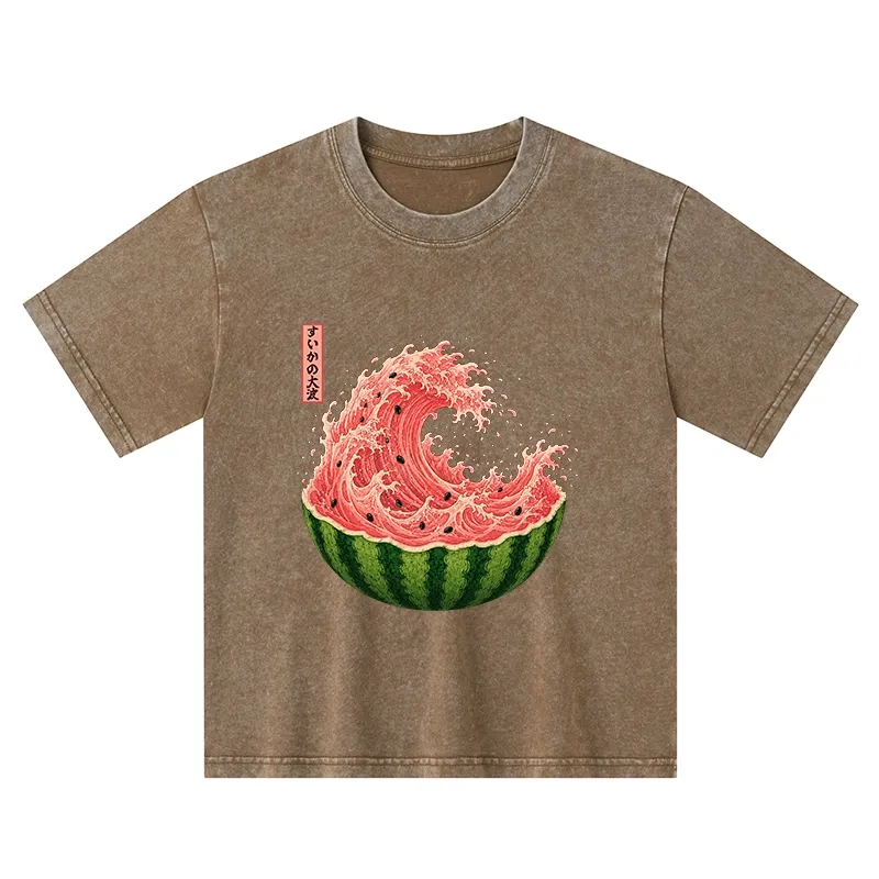 Tokyo-Tiger Watermelon Wave Summer Ukiyo Art Kids Washed T-Shirt