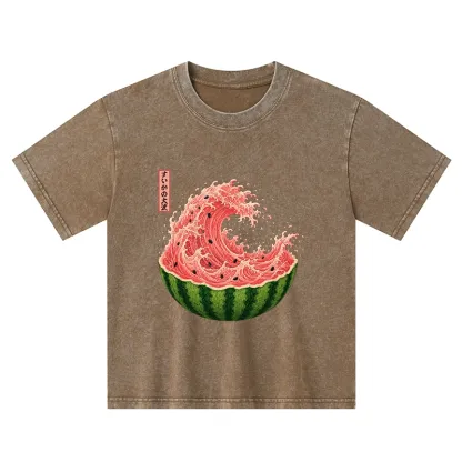 Tokyo-Tiger Watermelon Wave Summer Ukiyo Art Kids Washed T-Shirt