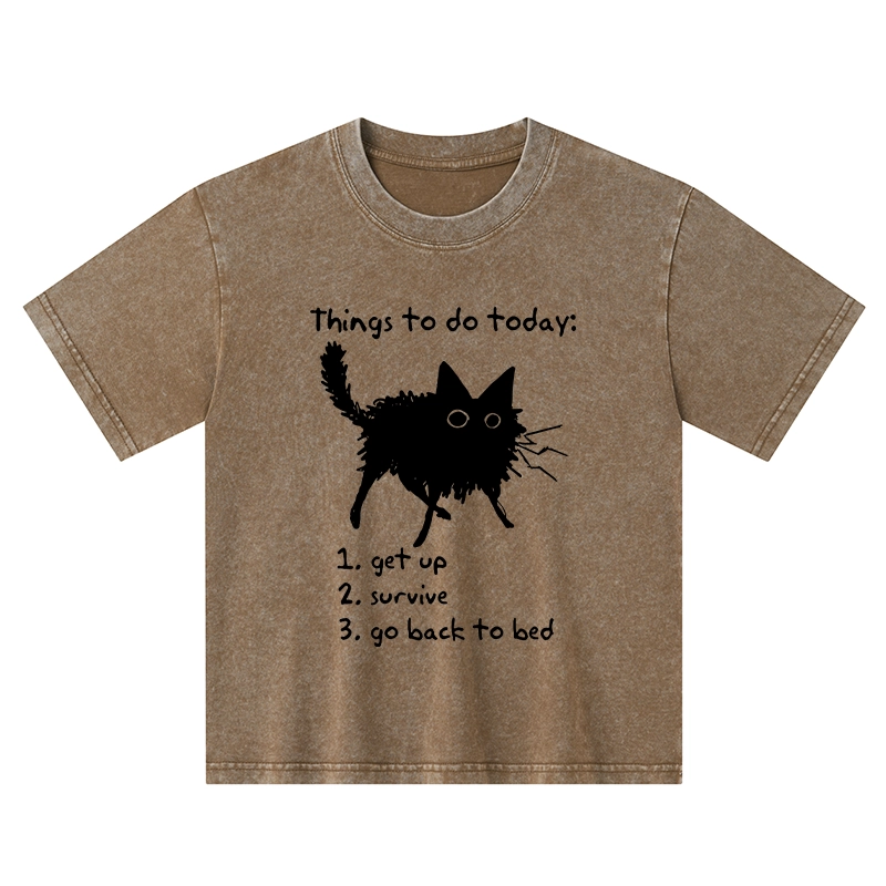 Tokyo-Tiger Lazy Cat Survive Day Funny Meme Kids Washed T-Shirt