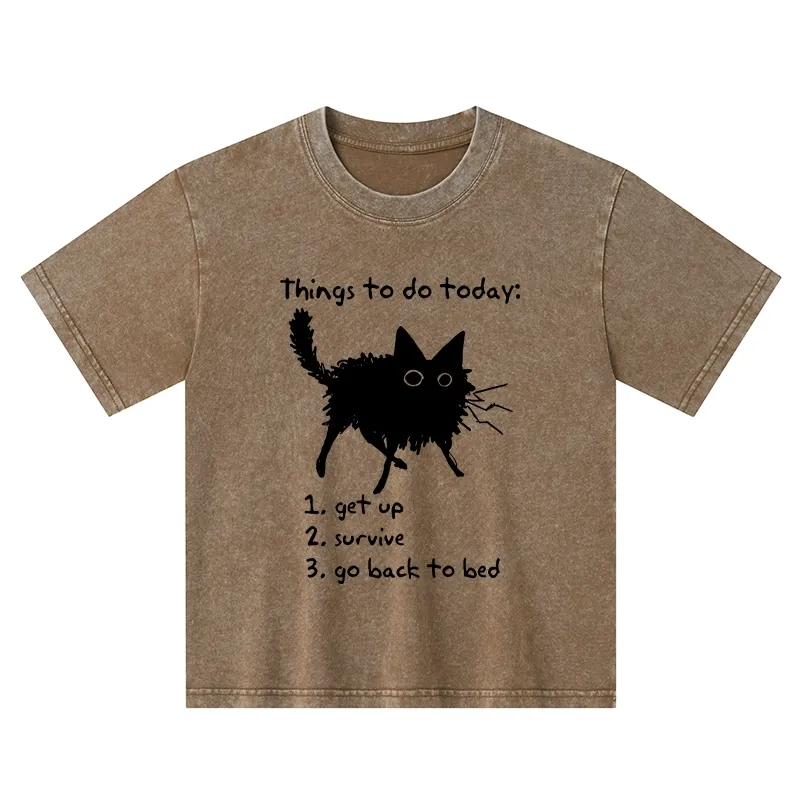 Tokyo-Tiger Lazy Cat Survive Day Funny Meme Kids Washed T-Shirt