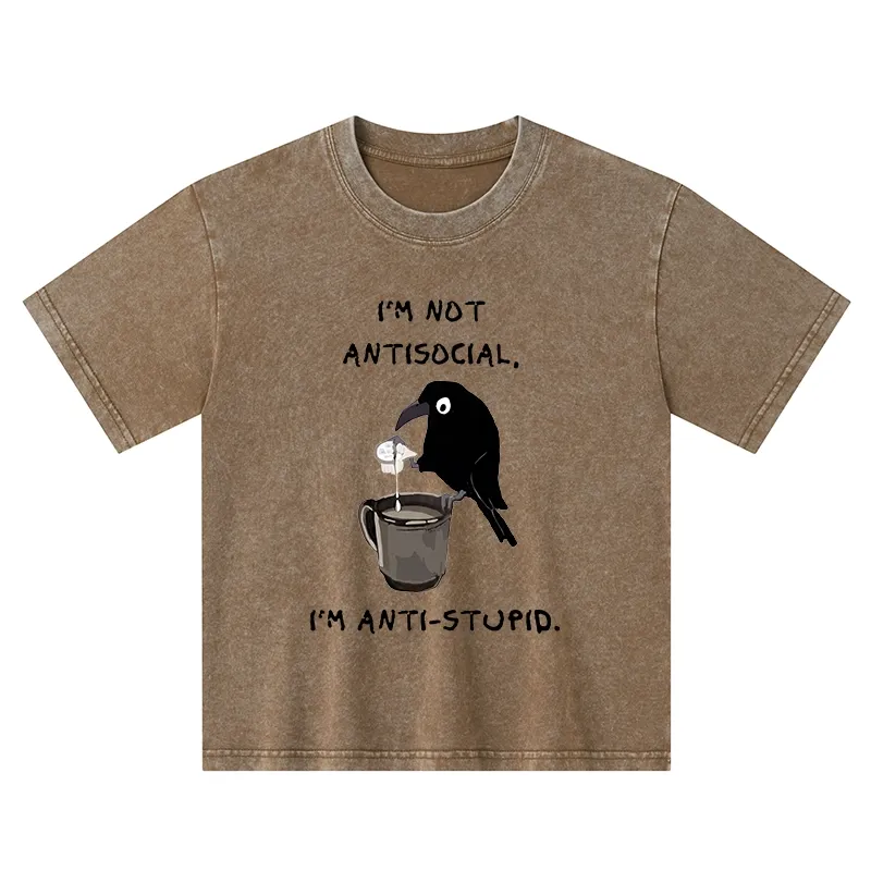 Tokyo-Tiger Cool Crow Sips Calm Coffee Alone Kids Washed T-Shirt Sale