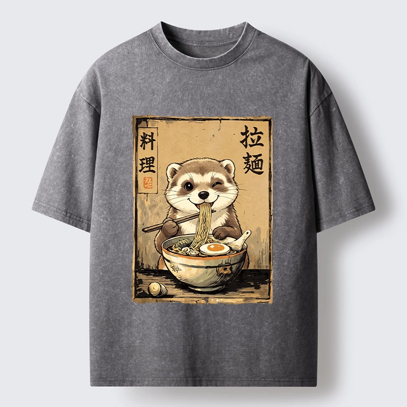 Tokyo-Tiger Ferret Eating Hot Ramen Washed T-Shirt