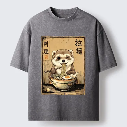 Tokyo-Tiger Ferret Eating Hot Ramen Washed T-Shirt