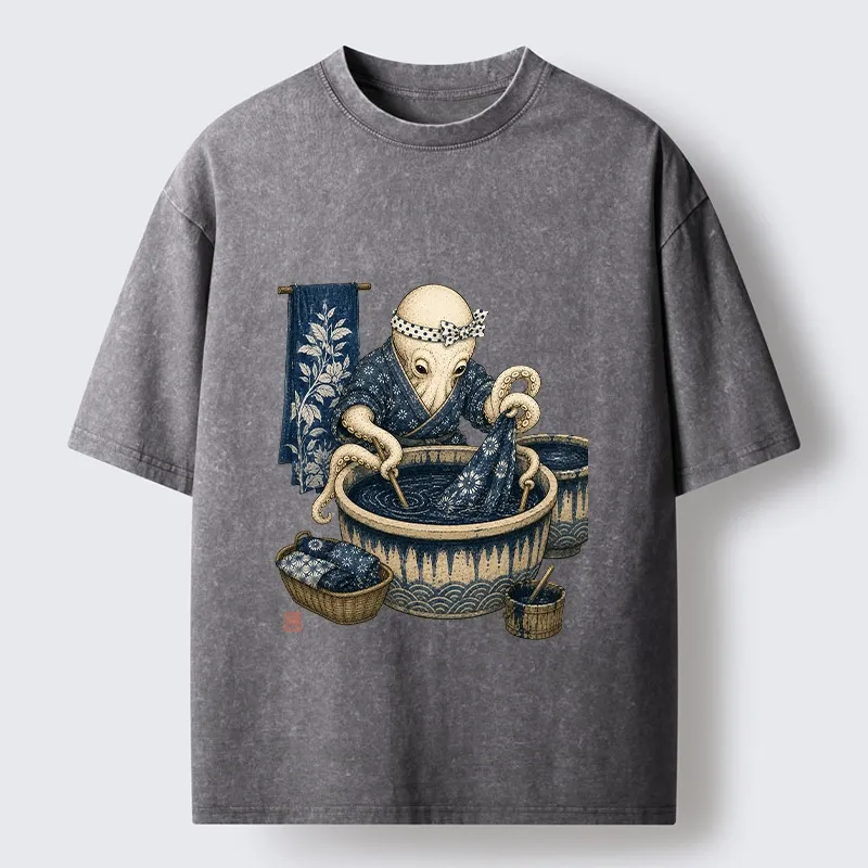 Tokyo-Tiger Kimono Dye Octopus Art Washed T-Shirt