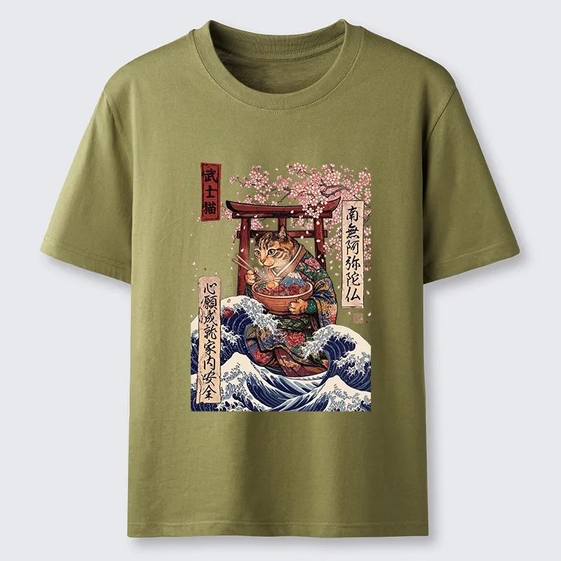 Tokyo-Tiger Samurai Cat Eating Noodles Wave Scene Classic T-Shirt