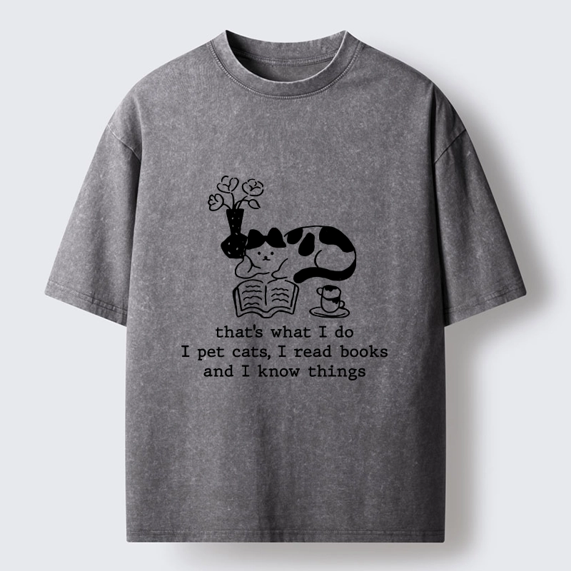 Tokyo-Tiger Book Loving Coffee Cat Washed T-Shirt