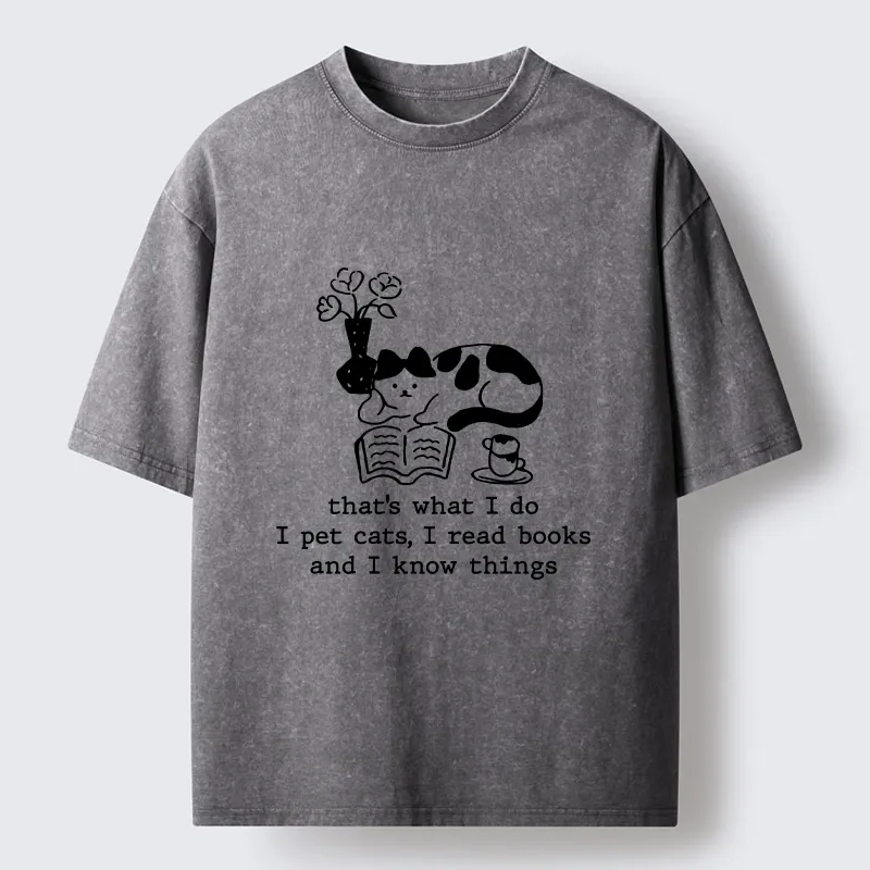 Tokyo-Tiger Book Loving Coffee Cat Washed T-Shirt