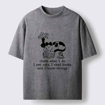Tokyo-Tiger Book Loving Coffee Cat Washed T-Shirt