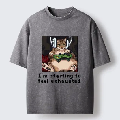 Tokyo-Tiger Exhausted Gamer Cat Washed T-Shirt