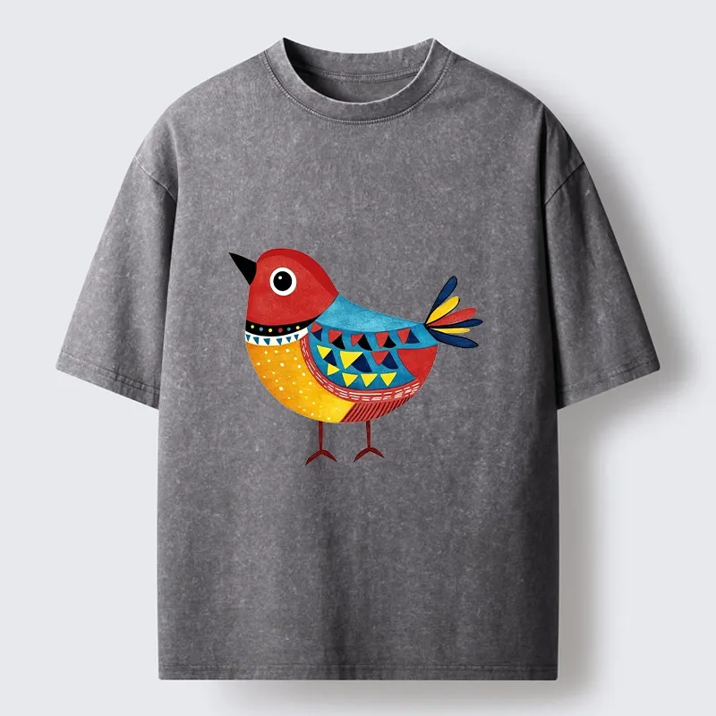 Tokyo-Tiger Folk Art Color Bird Washed T-Shirt