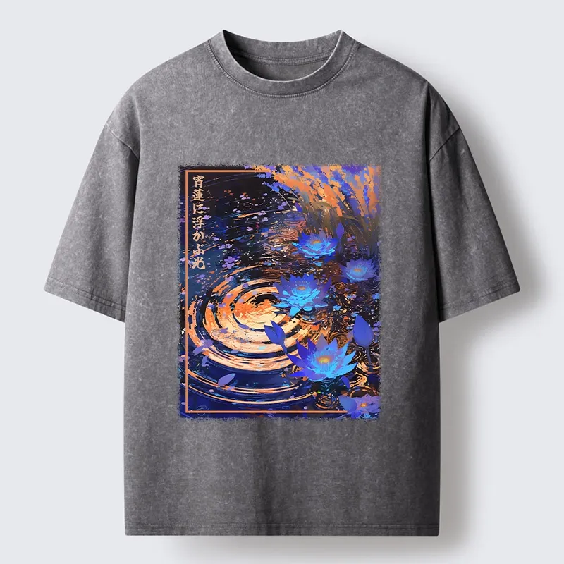 Tokyo-Tiger Night Lotus Water Glow Washed T-Shirt