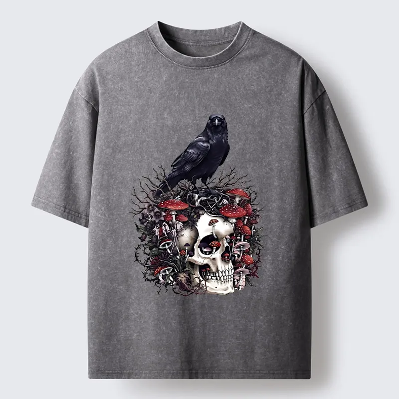 Tokyo-Tiger Crow Skull Mushroom Art Washed T-Shirt