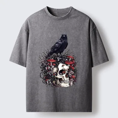 Tokyo-Tiger Crow Skull Mushroom Art Washed T-Shirt