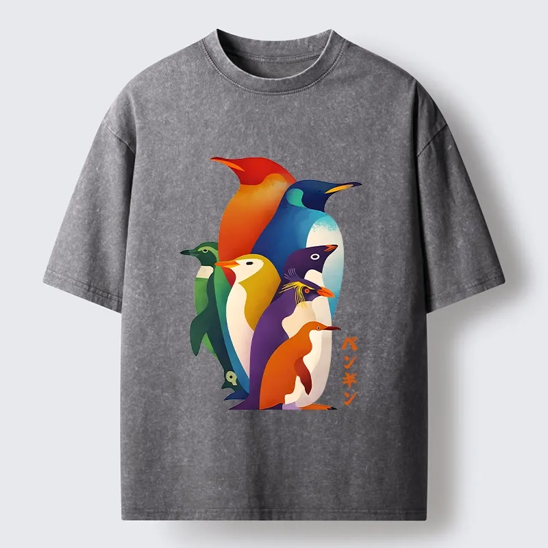 Tokyo-Tiger Cute Multi Tone Penguins Washed T-Shirt