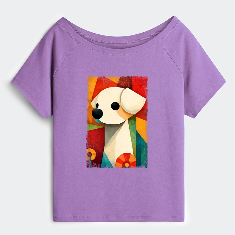 Tokyo-Tiger Retro Abstract Color Block Puppy Art Off Shoulder T-Shirt