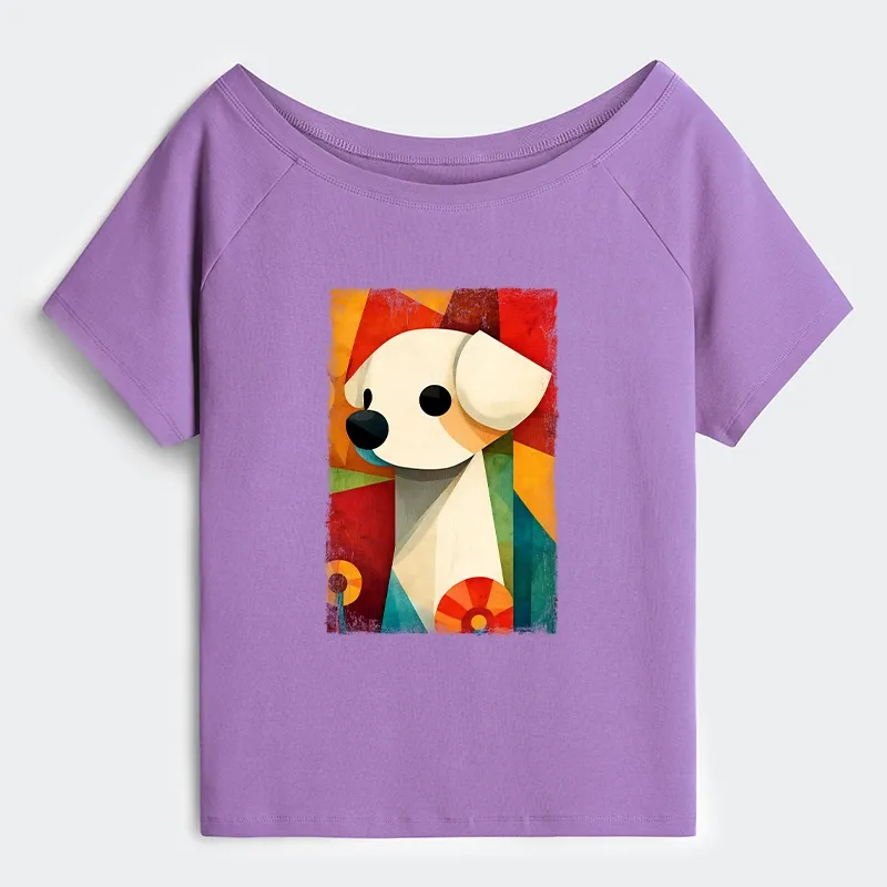 Tokyo-Tiger Retro Abstract Color Block Puppy Art Off Shoulder T-Shirt