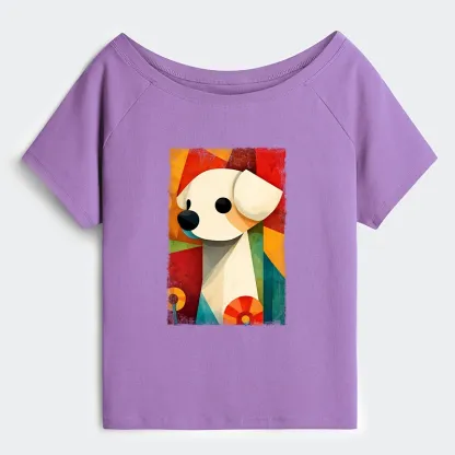 Tokyo-Tiger Retro Abstract Color Block Puppy Art Off Shoulder T-Shirt
