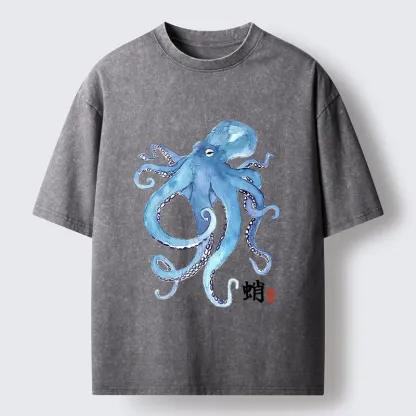 Tokyo-Tiger Watercolor Blue Octopus Washed T-Shirt
