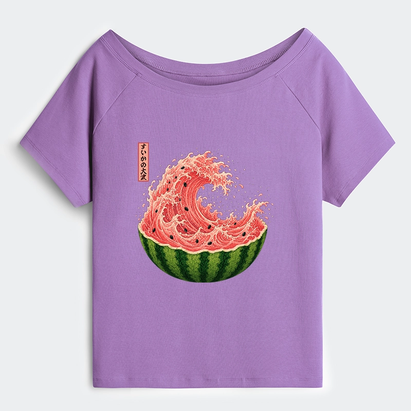 Tokyo-Tiger Watermelon Wave Summer Ukiyo Art Off Shoulder T-Shirt