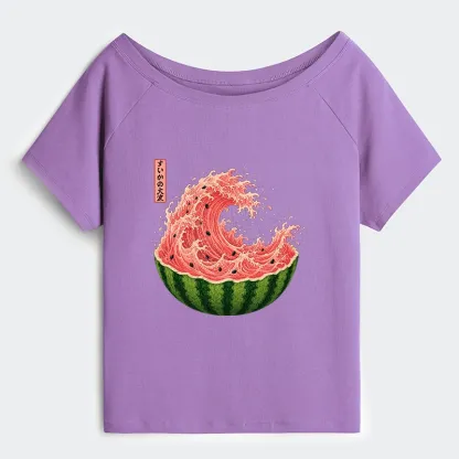 Tokyo-Tiger Watermelon Wave Summer Ukiyo Art Off Shoulder T-Shirt