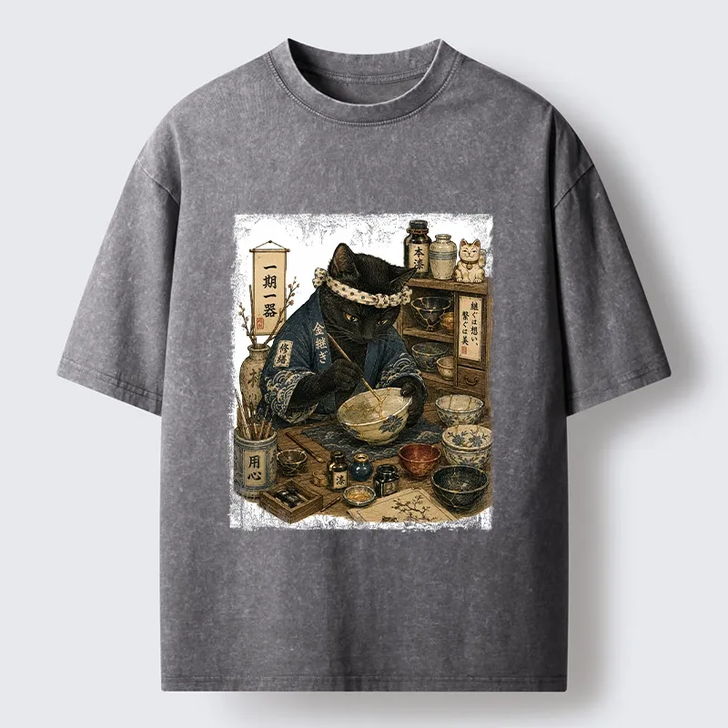 Tokyo-Tiger One Time Meeting Cat Art Washed T-Shirt