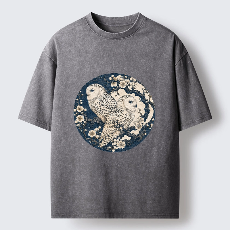 Tokyo-Tiger Snow Owl Plum Blossom Art Washed T-Shirt