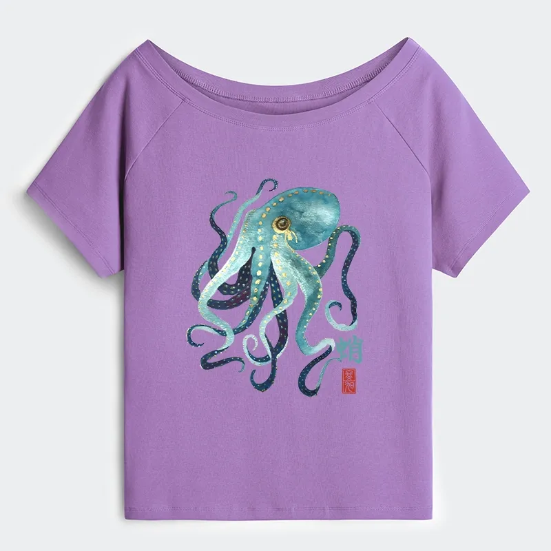 Tokyo-Tiger Soft Watercolor Octopus Japanese Art Off Shoulder T-Shirt