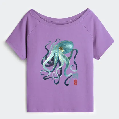 Tokyo-Tiger Soft Watercolor Octopus Japanese Art Off Shoulder T-Shirt
