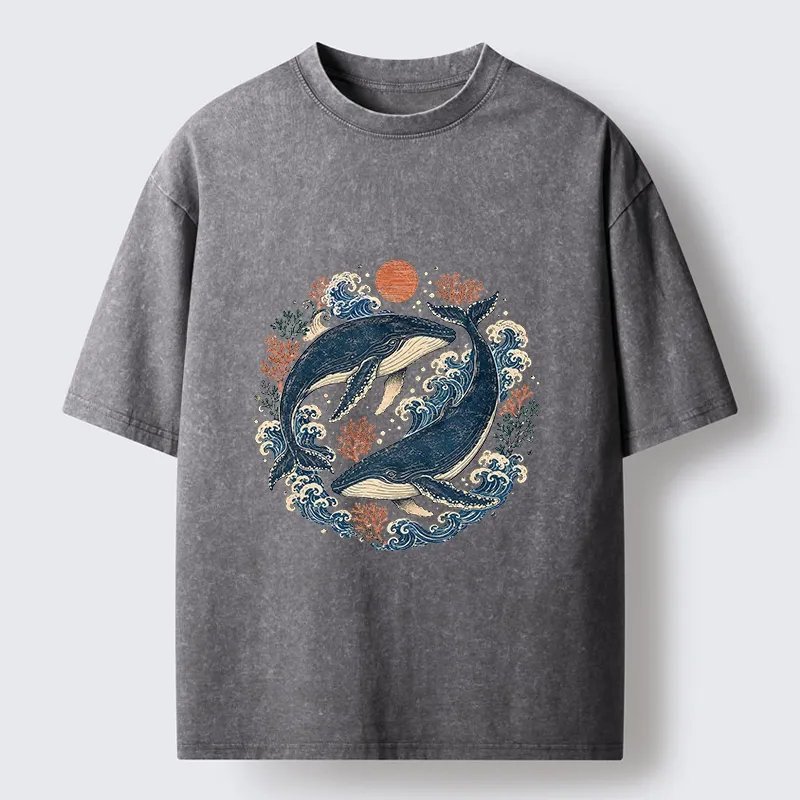 Tokyo-Tiger Twin Whale Wave Ukiyo Washed T-Shirt