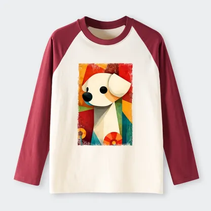Tokyo-Tiger Retro Abstract Color Block Puppy Art Raglan Long Sleeve T-shirt