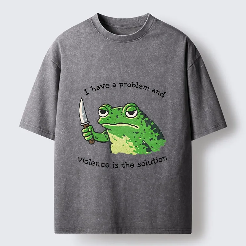 Tokyo-Tiger Funny Meme Knife Frog Washed T-Shirt