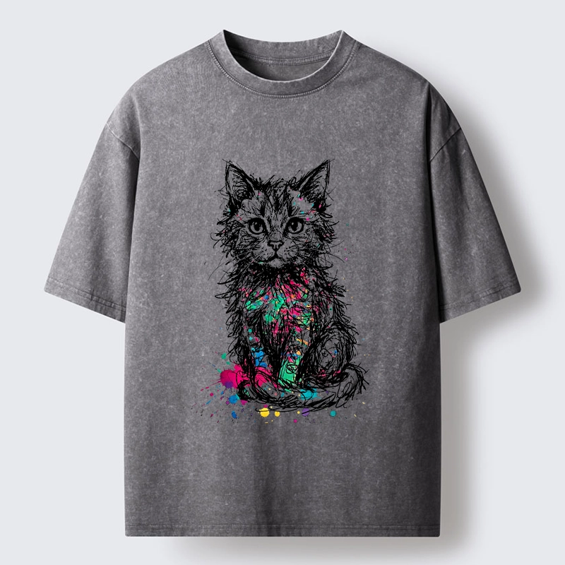 Tokyo-Tiger Splash Ink Art Cat Washed T-Shirt