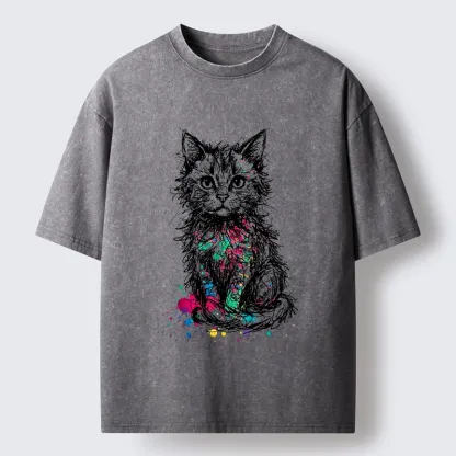 Tokyo-Tiger Splash Ink Art Cat Washed T-Shirt
