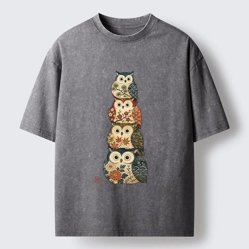 Tokyo-Tiger Stacked Floral Owls Washed T-Shirt