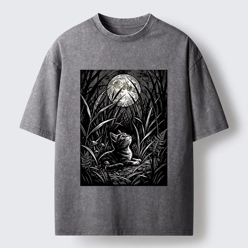 Tokyo-Tiger Woodcut Night Cat Print Washed T-Shirt