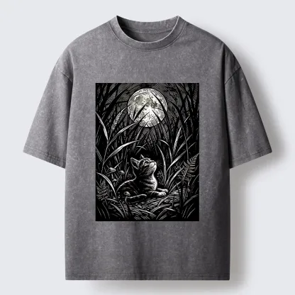 Tokyo-Tiger Woodcut Night Cat Print Washed T-Shirt