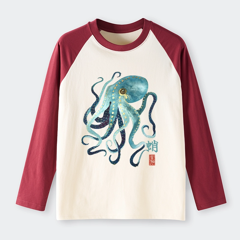 Tokyo-Tiger Soft Watercolor Octopus Japanese Art Raglan Long Sleeve T-shirt