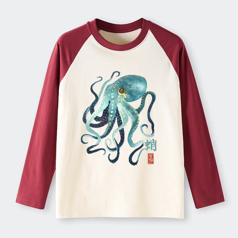 Tokyo-Tiger Soft Watercolor Octopus Japanese Art Raglan Long Sleeve T-shirt