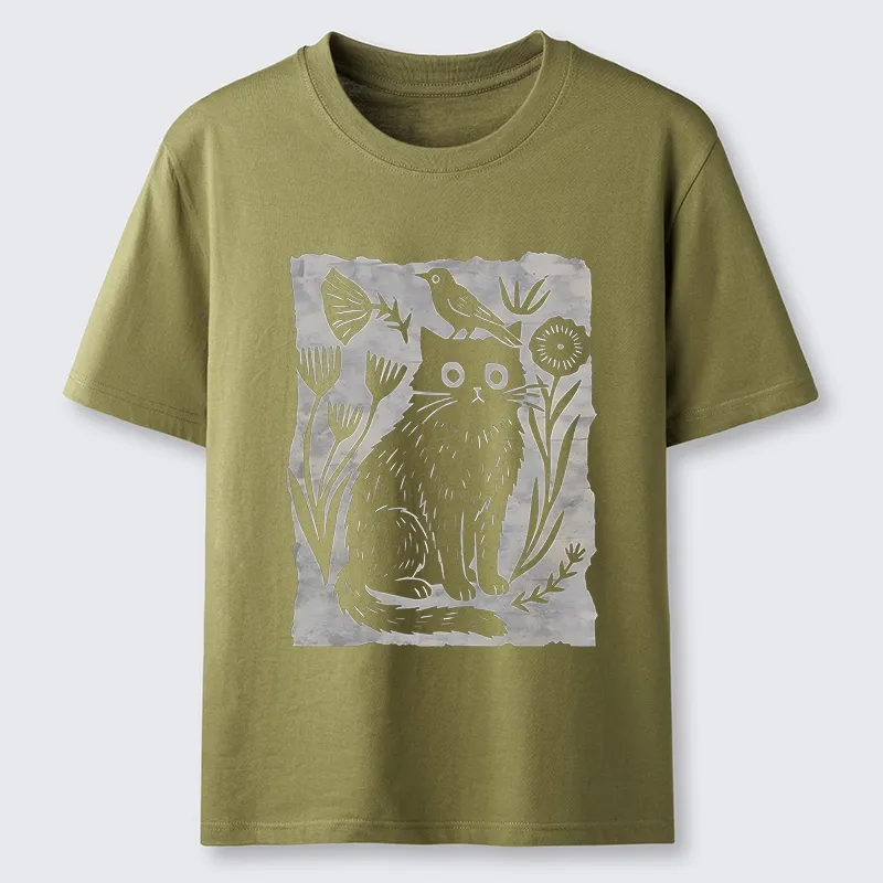 Tokyo-Tiger Folk Paper Cut Cat Bird Floral Art Classic T-Shirt