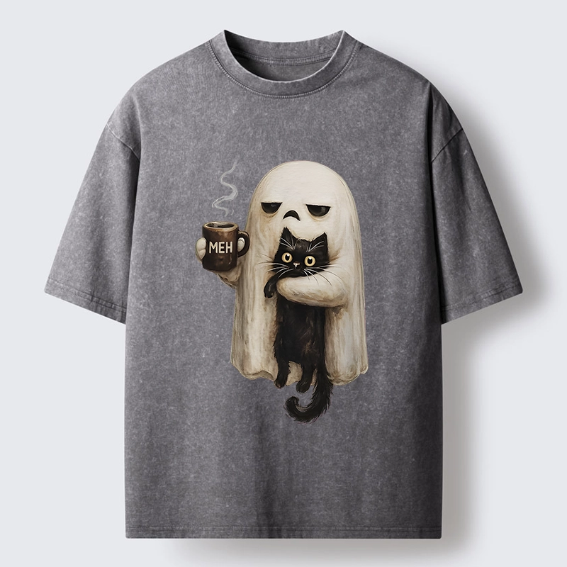 Tokyo-Tiger Ghost Cat Coffee Mood Washed T-Shirt