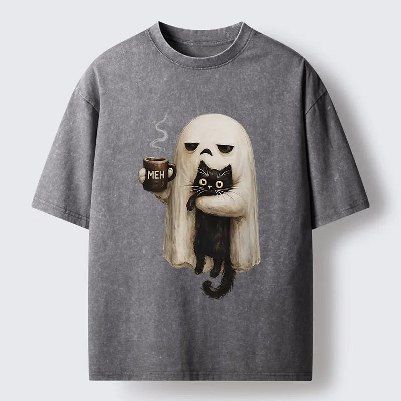 Tokyo-Tiger Ghost Cat Coffee Mood Washed T-Shirt