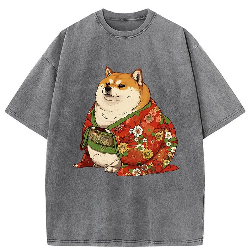 Tokyo-Tiger Shiba Inu Wearing Kimono Washed T-Shirt