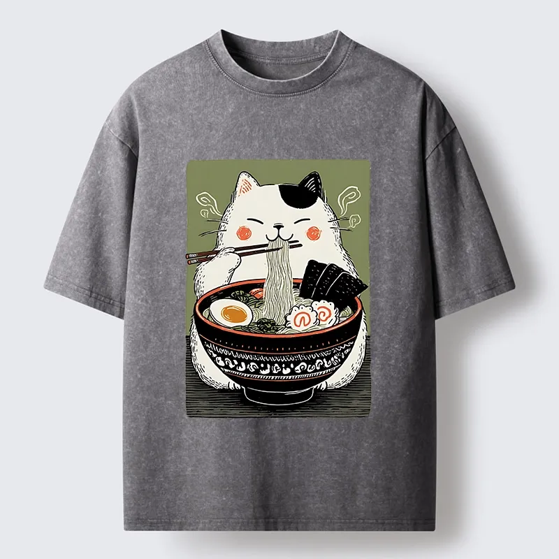 Tokyo-Tiger Cat Eating Ramen Meme Washed T-Shirt