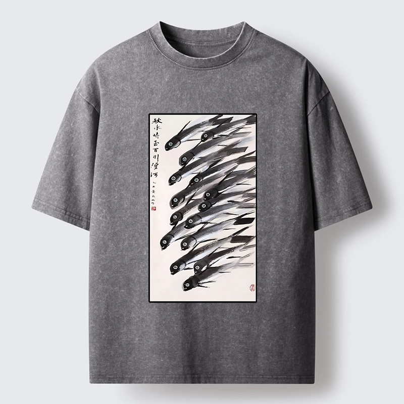 Tokyo-Tiger Ink Fish Art Washed T-Shirt